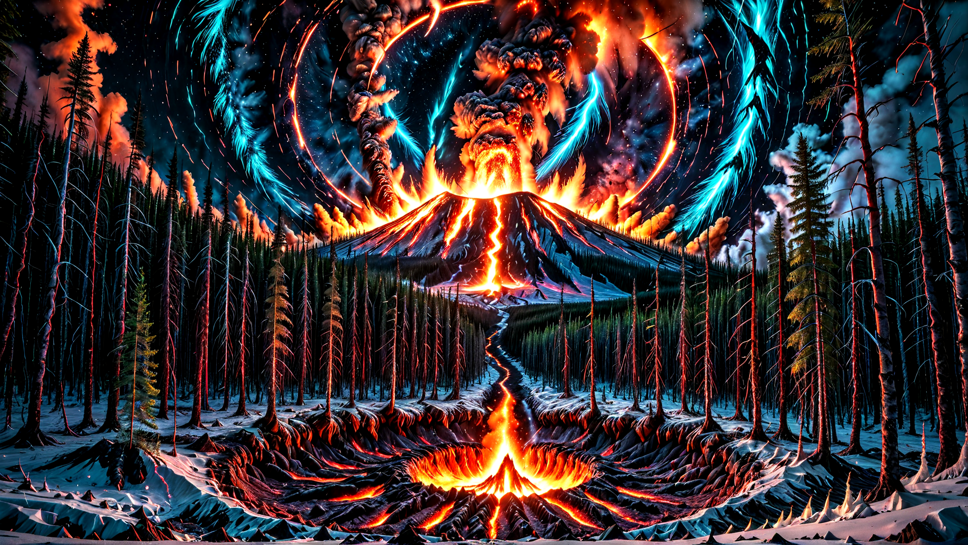 AI generated wallpaper featuring volcano, forest, lava, trees, mountain, aurora, sky, fire, snow, clouds
