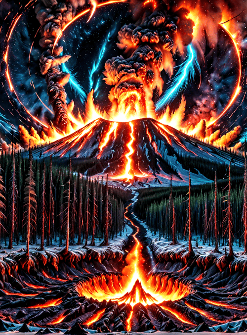 volcano, forest, lava, trees, mountain, aurora, sky, fire, snow, clouds