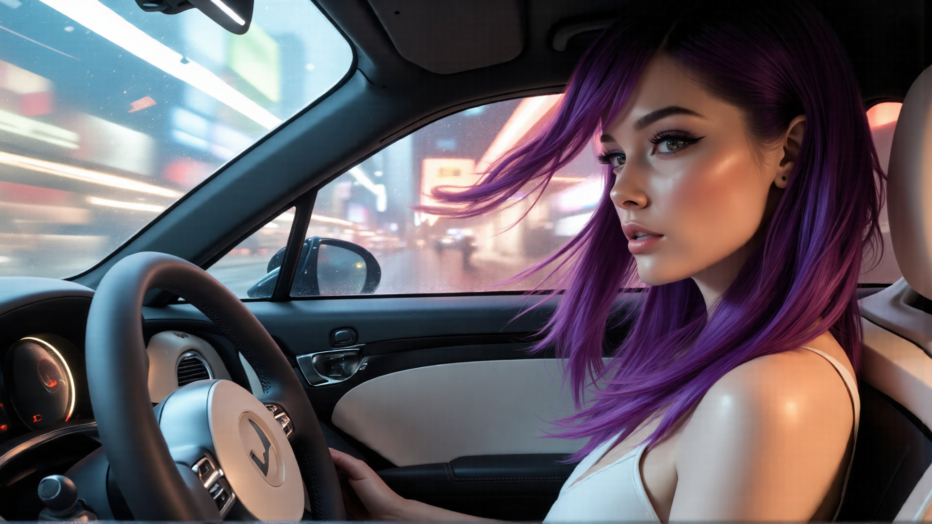 AI generated wallpaper featuring woman, car, city, street, steering wheel, hair