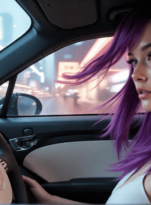 woman, car, city, street, steering wheel, hair