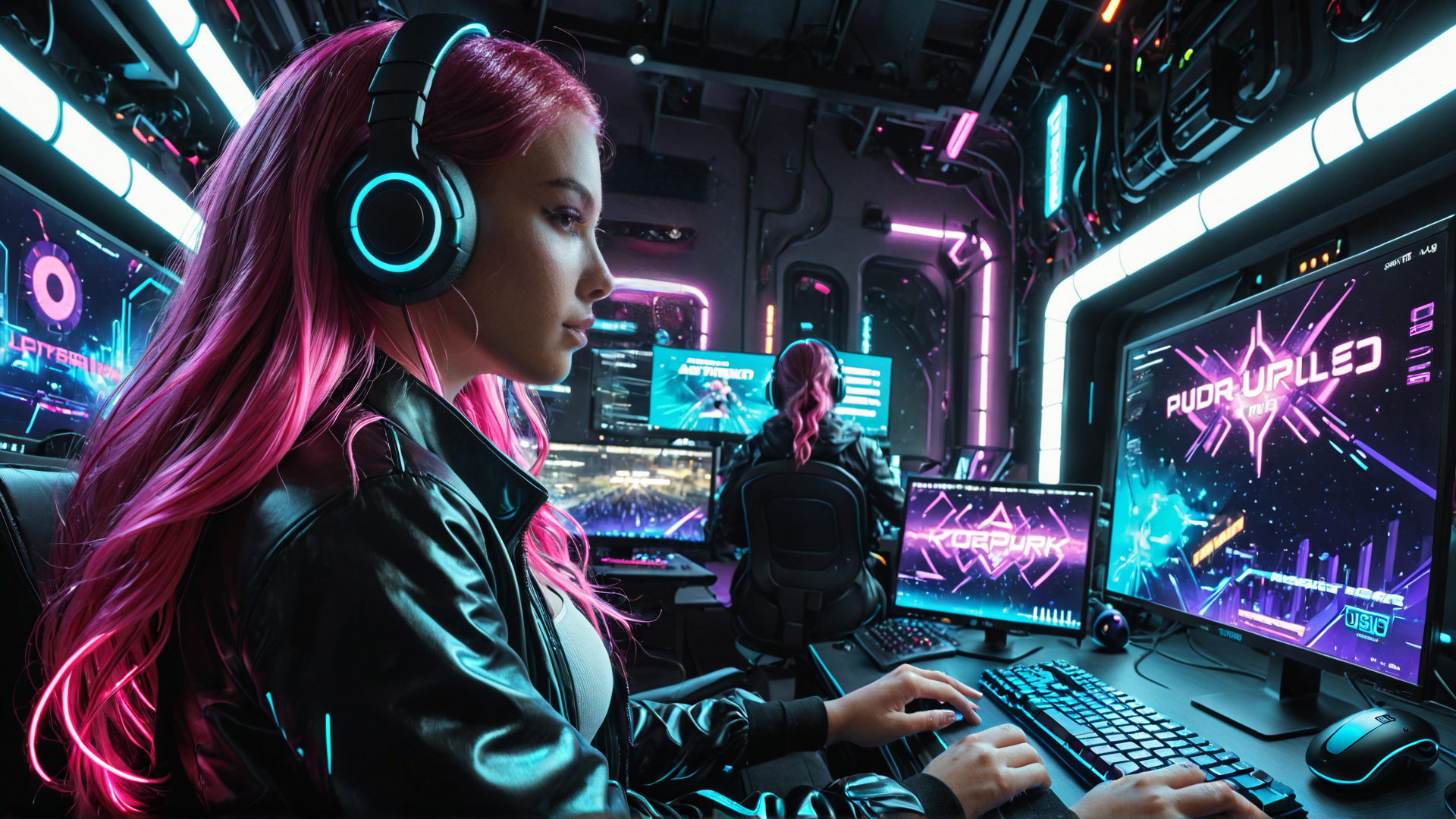 AI generated wallpaper featuring gamer, headset, computer