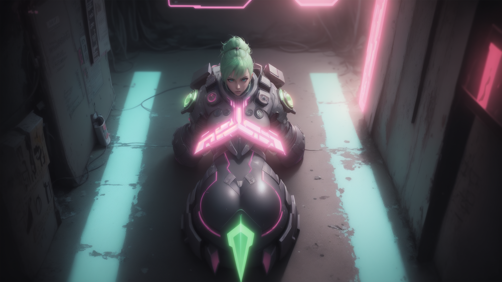 AI generated wallpaper featuring cyborg, futuristic armor, neon lights