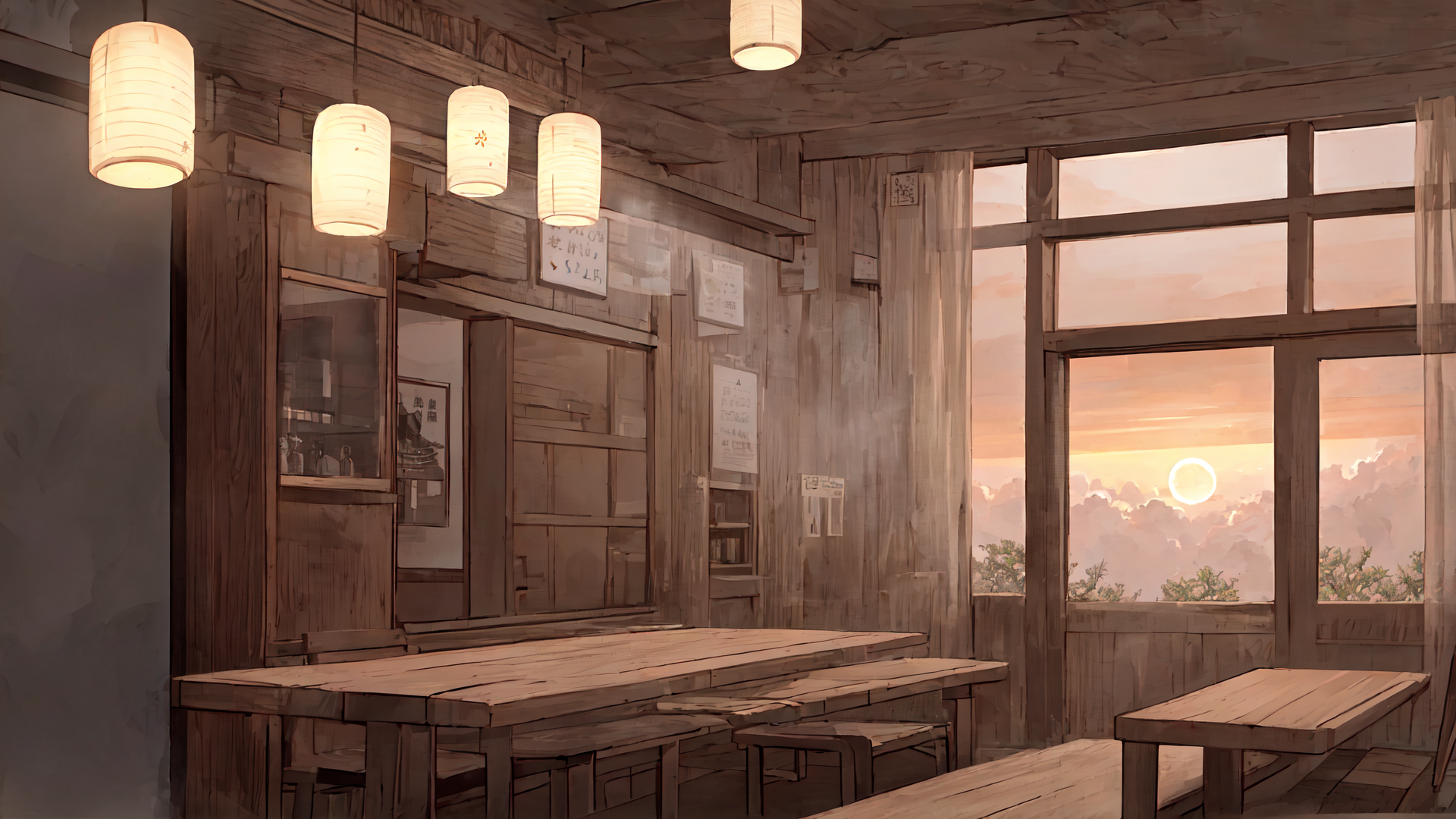 AI generated wallpaper featuring restaurant, wooden table, lantern, window, sunset, bench, poster, cloud, sun, wooden wall