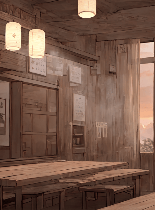 restaurant, wooden table, lantern, window, sunset, bench, poster, cloud, sun, wooden wall