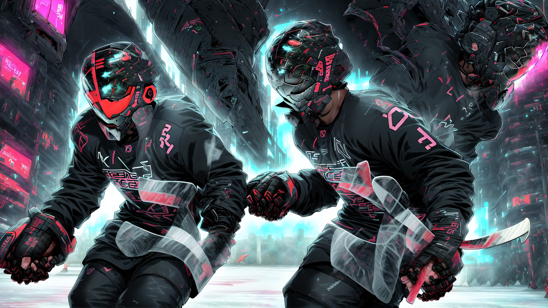 AI generated wallpaper featuring hockey players, robots, cyberpunk, gladiators, futuristic warriors, ice rink, neon cityscape