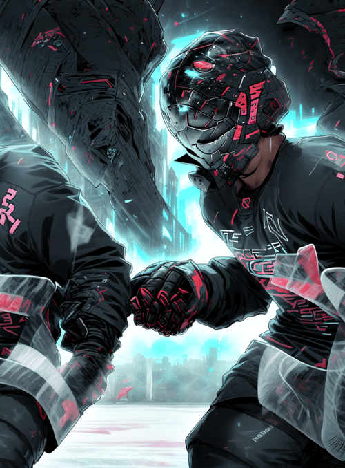 hockey players, robots, cyberpunk, gladiators, futuristic warriors, ice rink, neon cityscape