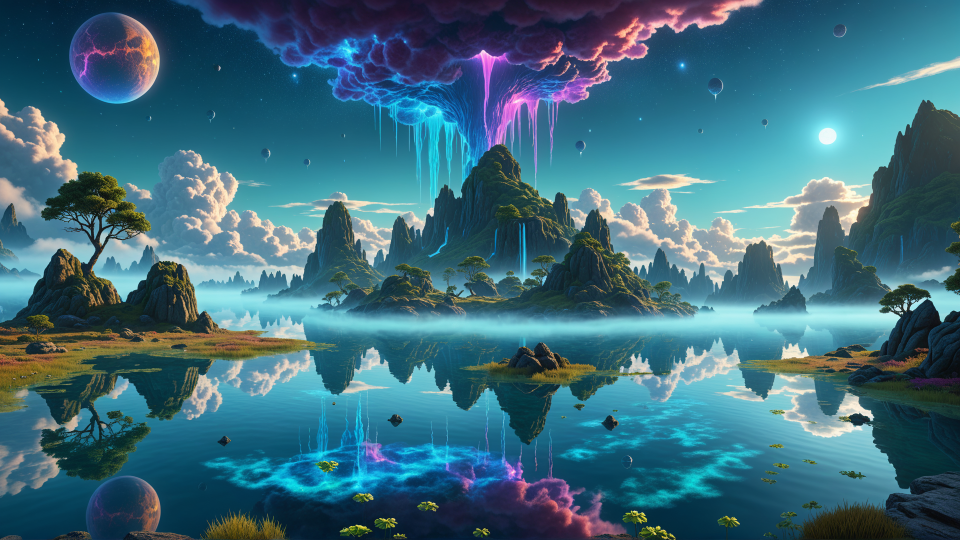 AI generated wallpaper featuring mountains, lake, clouds