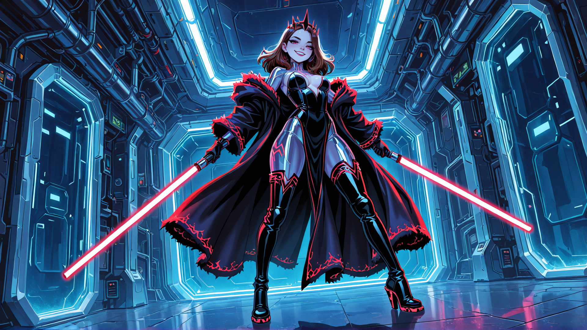 AI generated wallpaper featuring woman, saber, cyberpunk, armor, cape