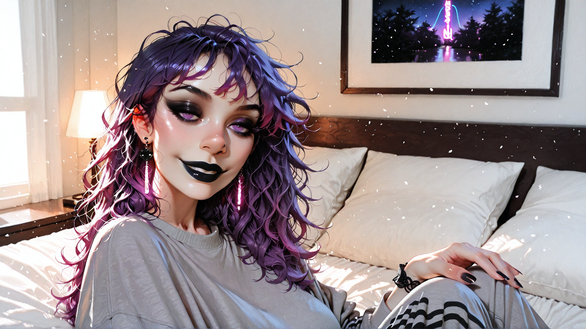 AI generated wallpaper featuring woman, bed, window, lamp, painting, pillow, earring, hair, sweater, pants