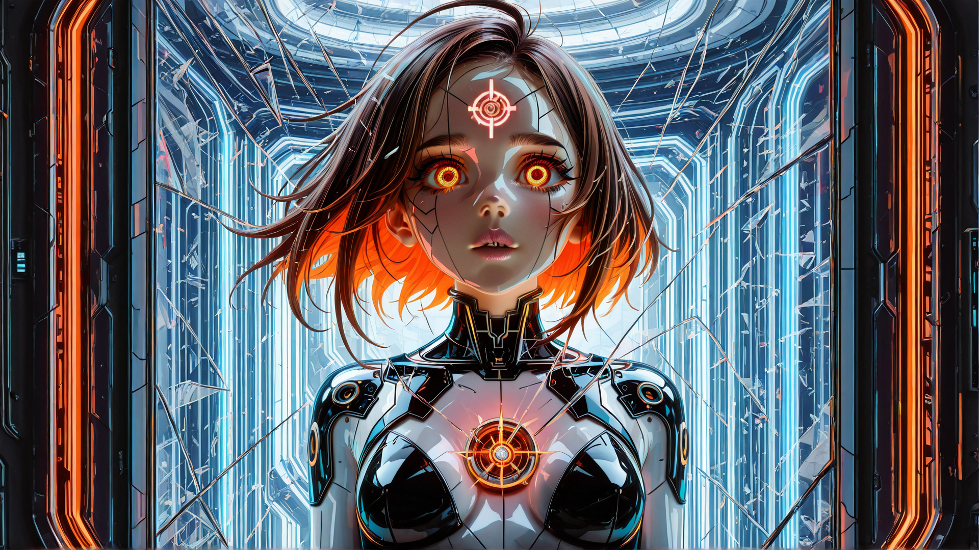 AI generated wallpaper featuring cyborg, woman, neon, goggles, target, armor, glasses, eyes, hair, portal