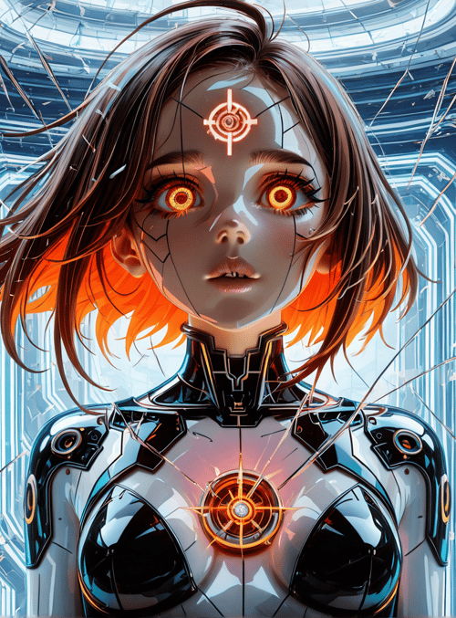 cyborg, woman, neon, goggles, target, armor, glasses, eyes, hair, portal