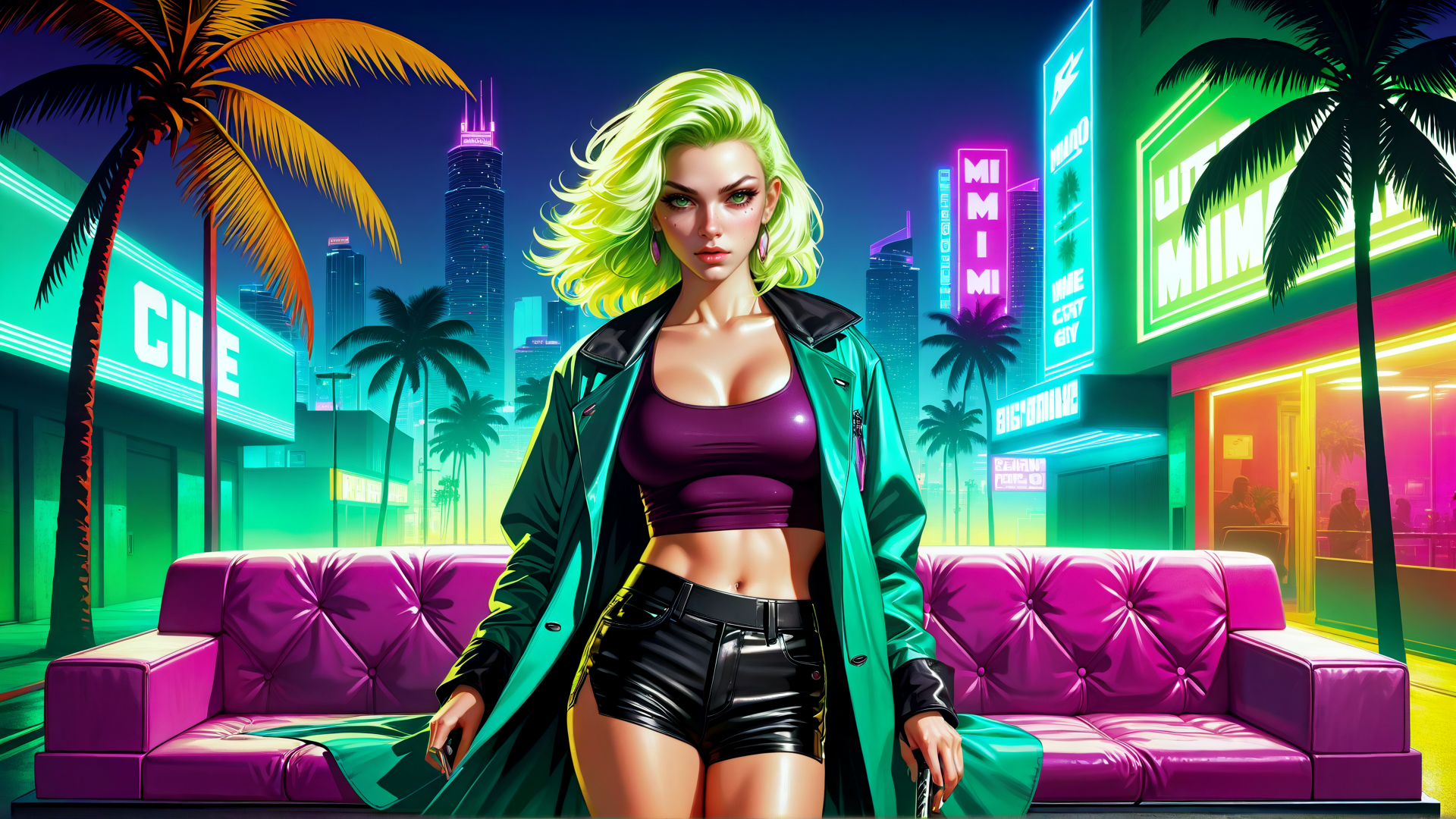 AI generated wallpaper featuring woman, palm tree, cityscape