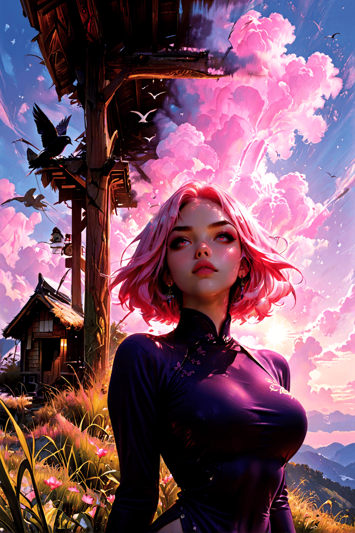 AI generated wallpaper featuring woman, bird, cloud, house, tree