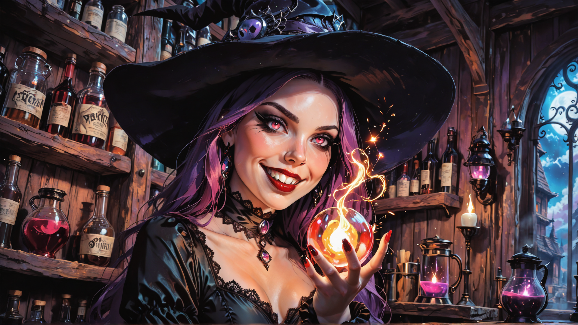 AI generated wallpaper featuring witch, bottle, cauldron, candle, hat, spark, moon, laboratory, purple hair, laptop