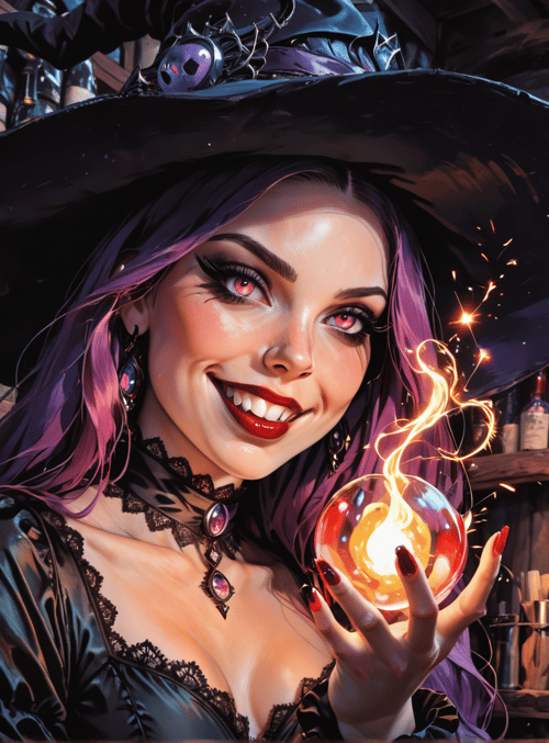 witch, bottle, cauldron, candle, hat, spark, moon, laboratory, purple hair, laptop