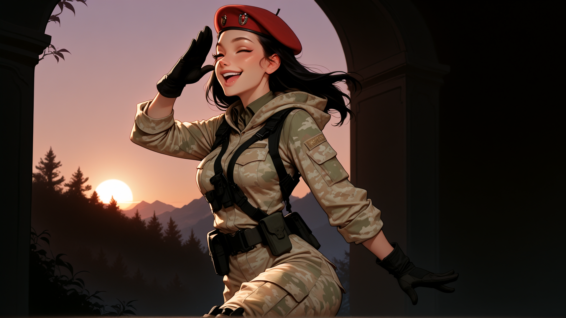 AI generated wallpaper featuring soldier, beret, gloves, camouflage, sunglasses, gloves, belt, pants, sunset, arch