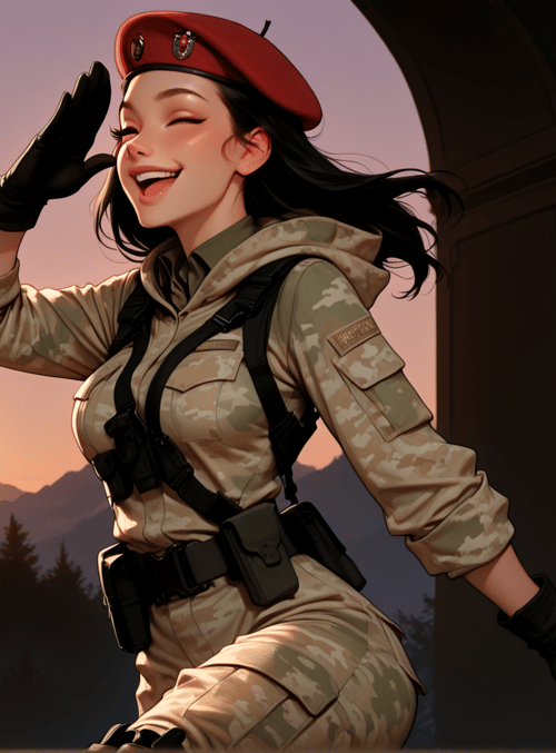 soldier, beret, gloves, camouflage, sunglasses, gloves, belt, pants, sunset, arch