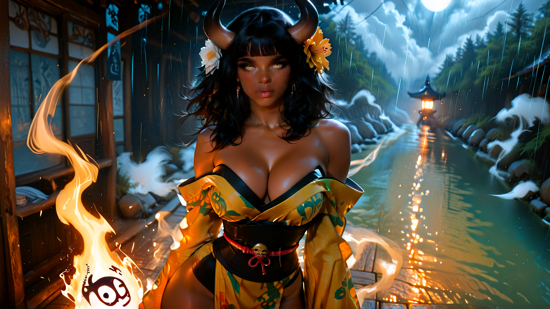 AI generated wallpaper featuring woman, horn, flower, fire, kimono, river, lantern, rain, mountain, tree