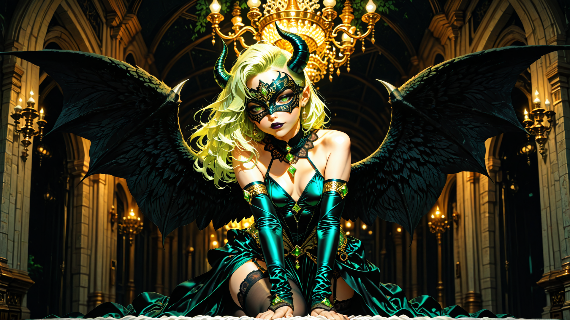 AI generated wallpaper featuring demon, woman, wings, mask, costume, chandelier, cathedral