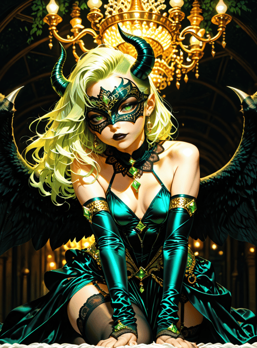 demon, woman, wings, mask, costume, chandelier, cathedral