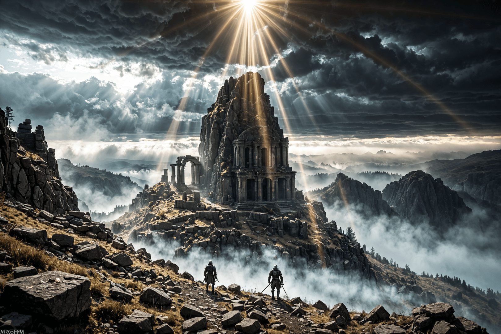 AI generated wallpaper featuring ruins, soldiers, mountains