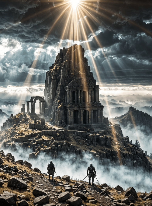 ruins, soldiers, mountains