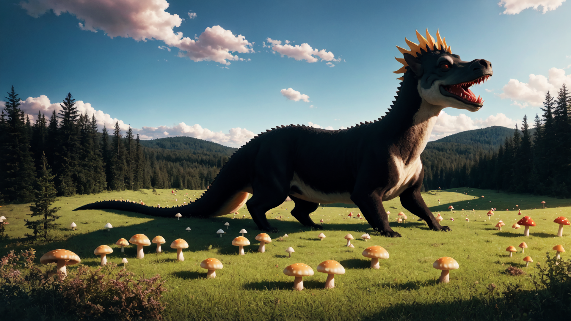 AI generated wallpaper featuring dragon, mushroom, field, forest, mountain
