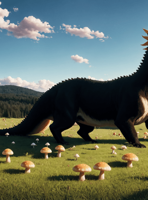 dragon, mushroom, field, forest, mountain