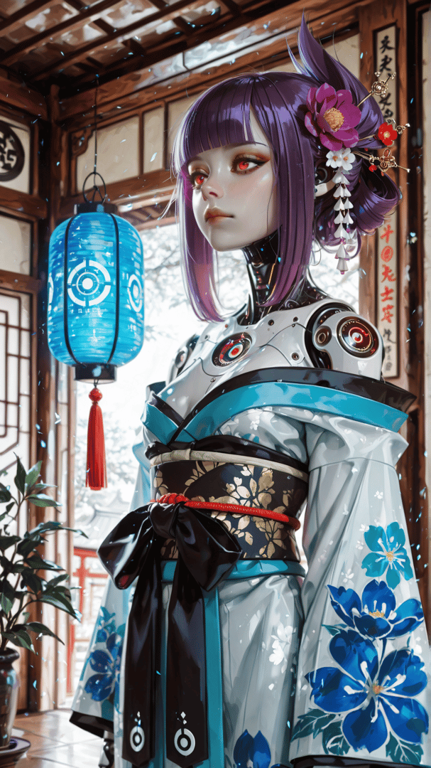 AI generated wallpaper featuring cyborg, geisha, robot, lantern, kimono