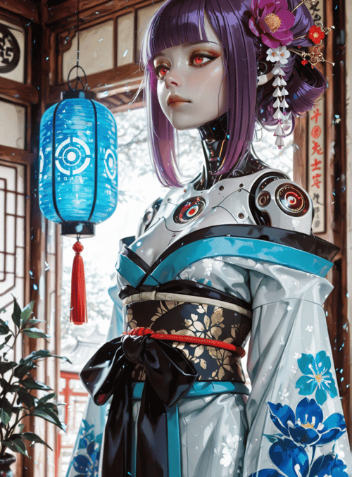 cyborg, geisha, robot, lantern, kimono