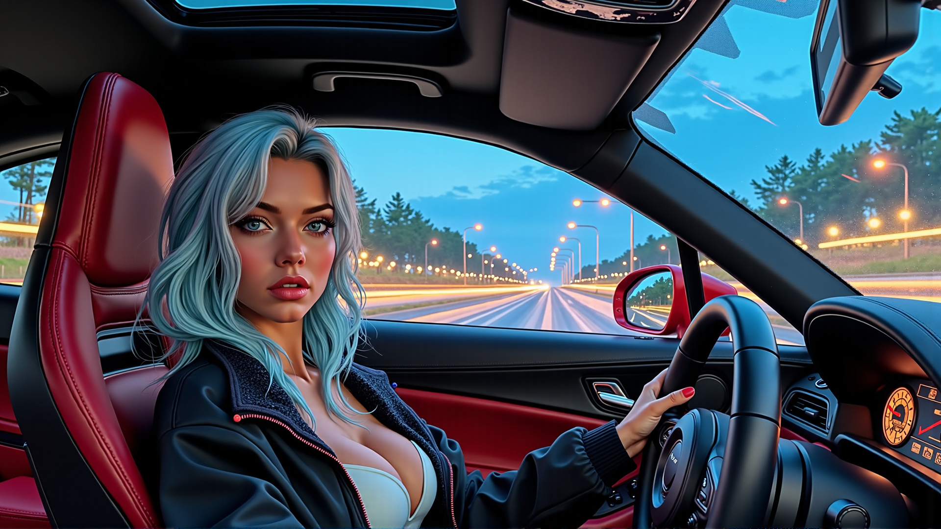 AI generated wallpaper featuring woman, car, road, steering wheel, seat, streetlights, trees, mirror, driver, interior