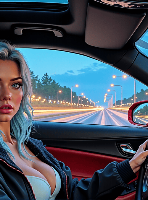 woman, car, road, steering wheel, seat, streetlights, trees, mirror, driver, interior