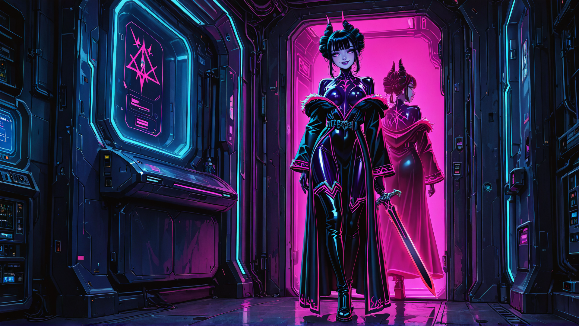 AI generated wallpaper featuring women, sword, corridor, cyberpunk, gloves
