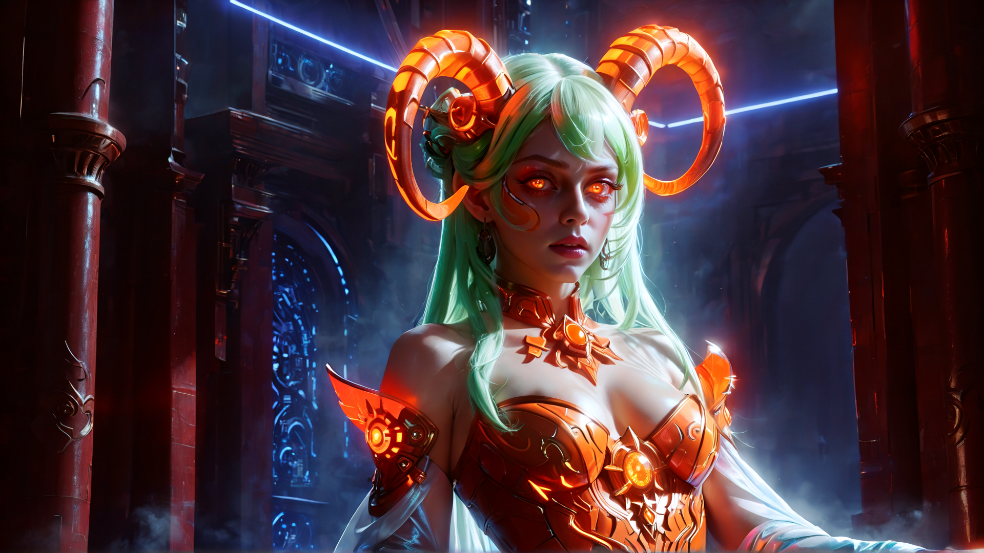 AI generated wallpaper featuring woman, horn, armor, neon, cyberpunk, goddess