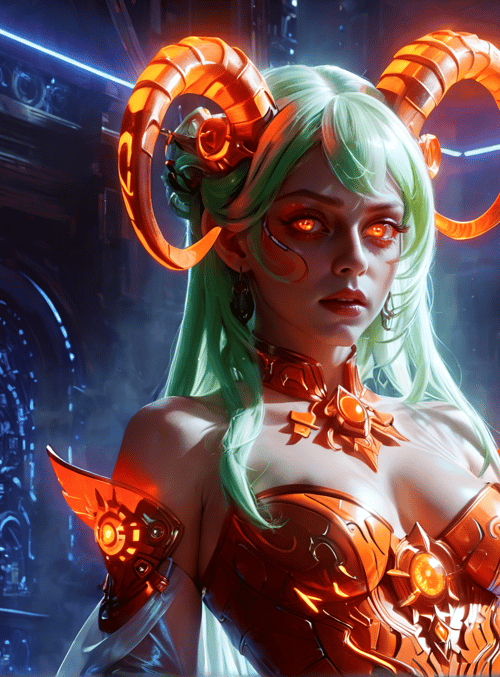 woman, horn, armor, neon, cyberpunk, goddess