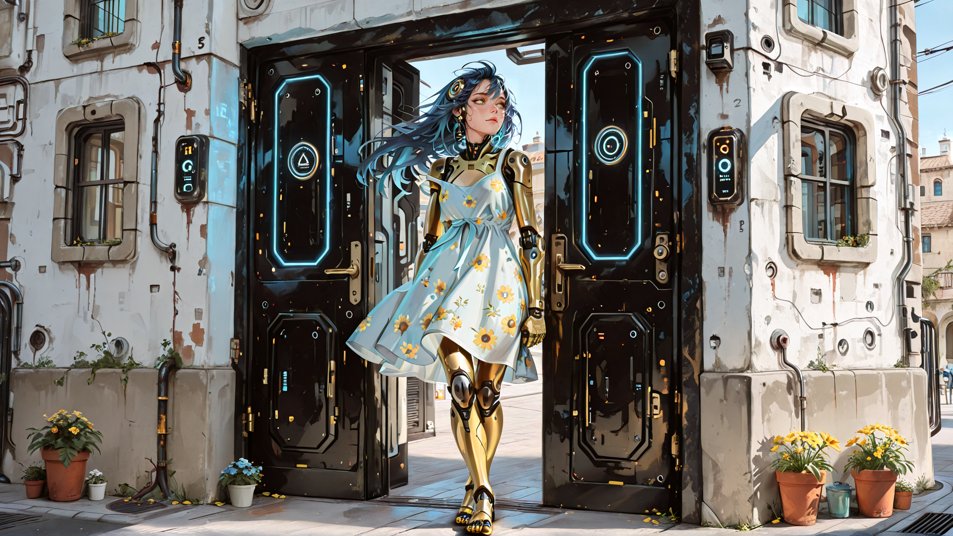 AI generated wallpaper featuring cyborg, woman, door, building, flowers