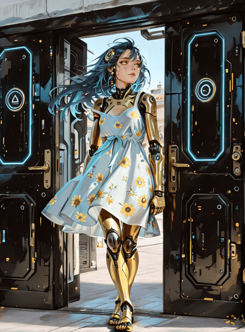 cyborg, woman, door, building, flowers