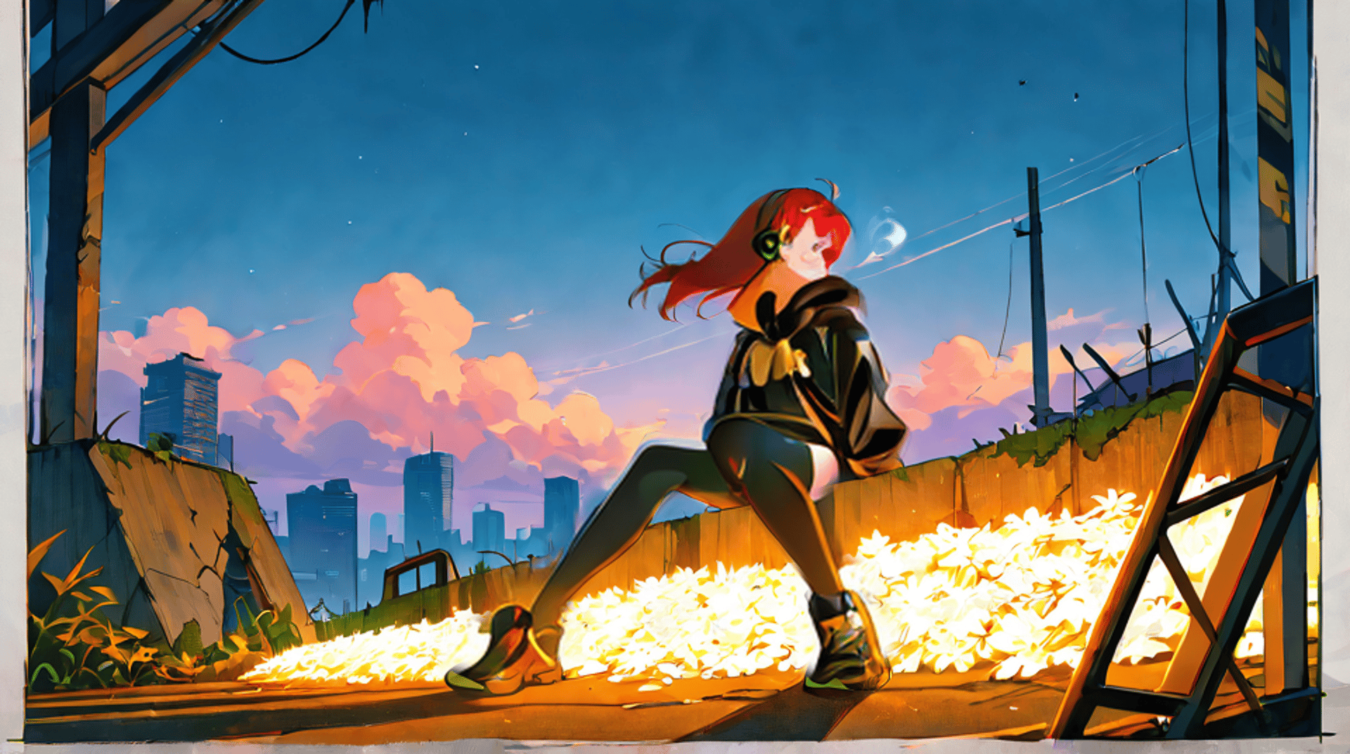 AI generated wallpaper featuring girl, flowers, city