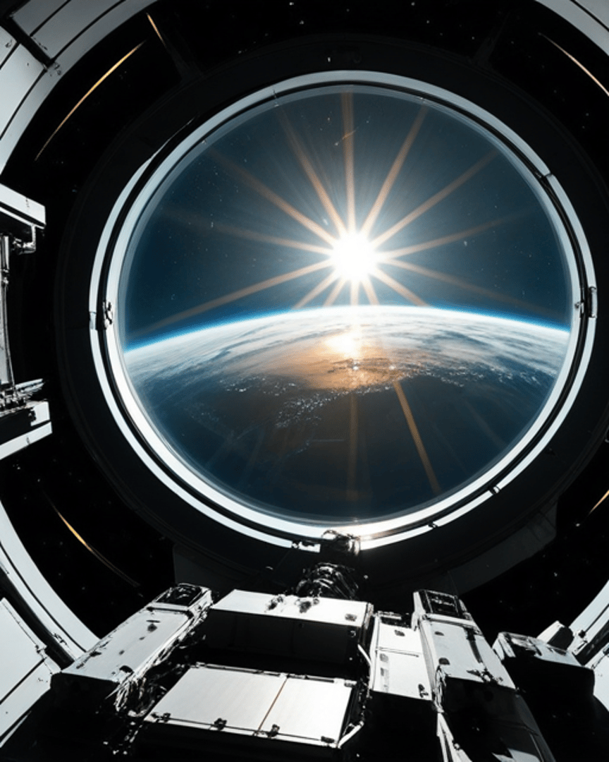 AI generated wallpaper featuring space station, earth, sun