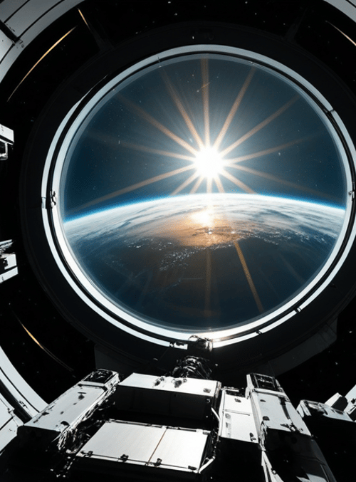 space station, earth, sun
