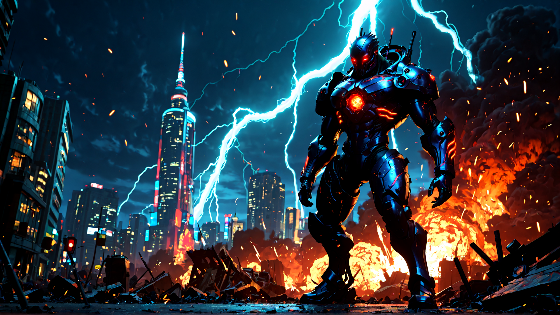 AI generated wallpaper featuring robot, city, fire, lightning, debris