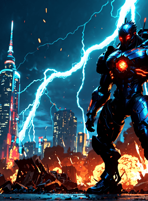 robot, city, fire, lightning, debris
