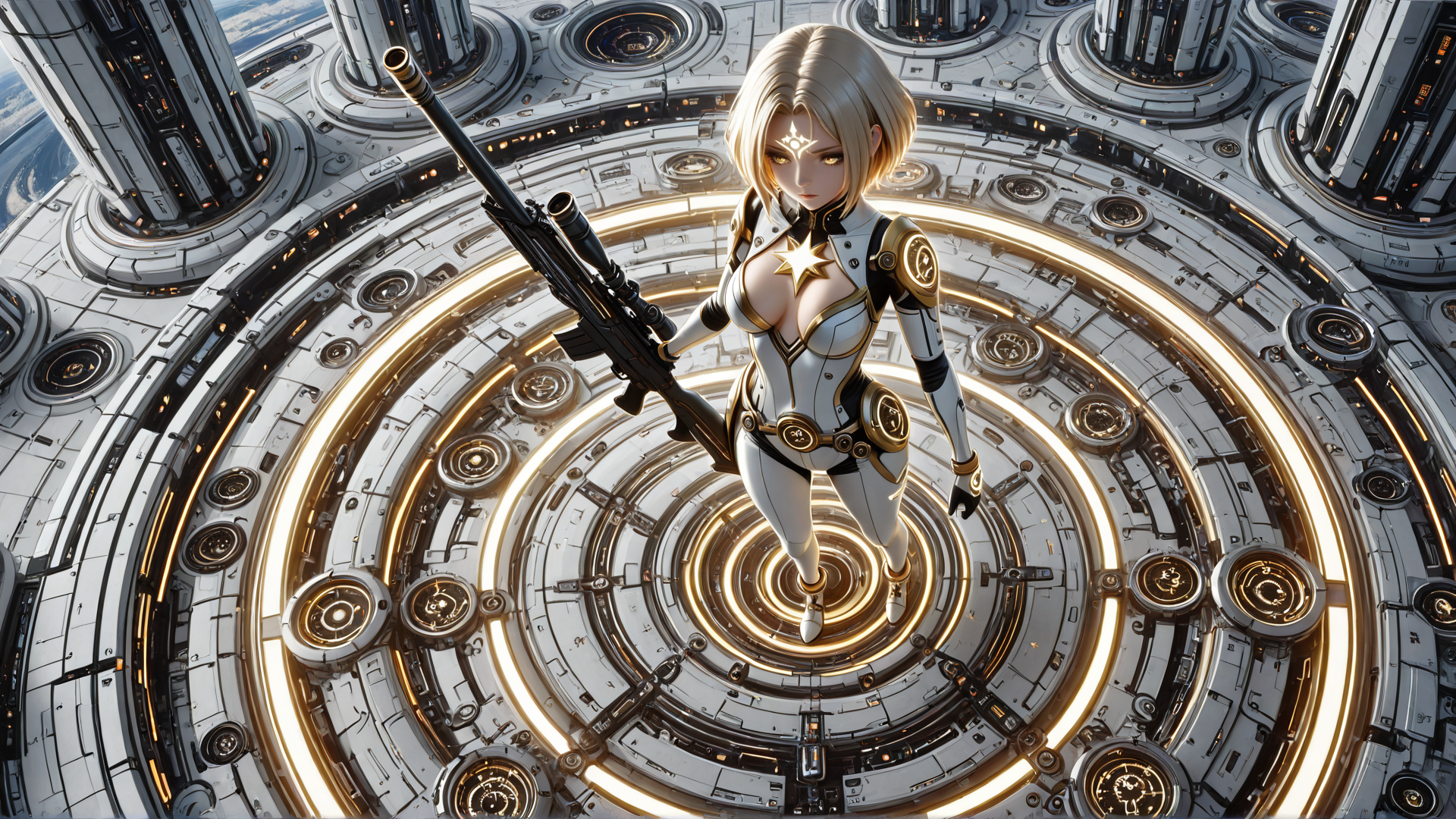 AI generated wallpaper featuring woman, spaceship, gun, armor