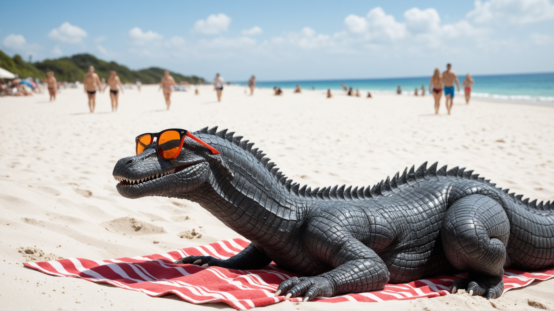 AI generated wallpaper featuring crocodile, beach, sunglasses