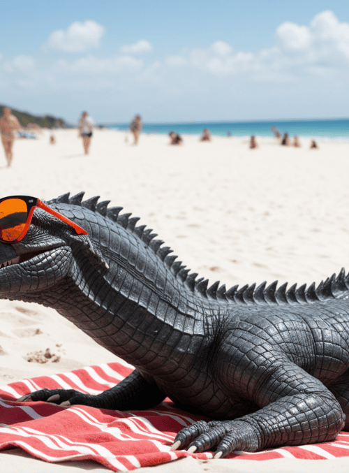 crocodile, beach, sunglasses