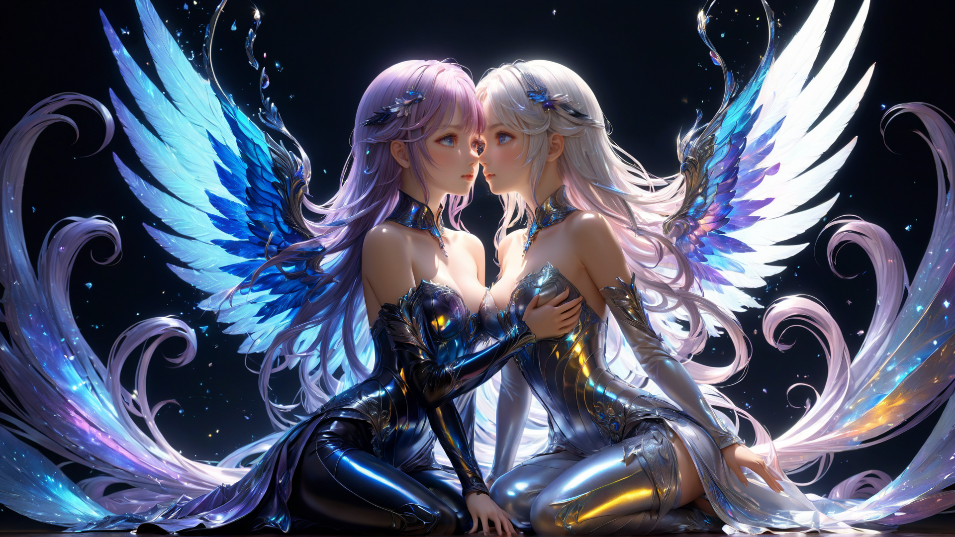 AI generated wallpaper featuring angels, women, wings, hair, cosplay