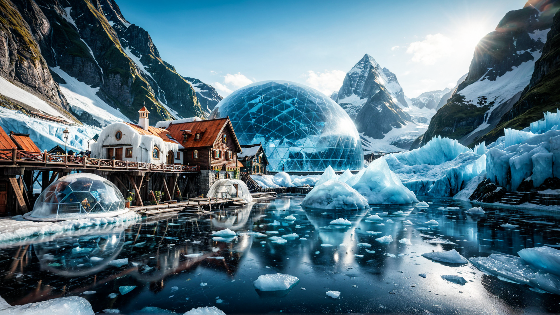 AI generated wallpaper featuring mountains, glacier, igloo, geodesic dome, chapel, lake, ice, wooden houses, sunset, sun