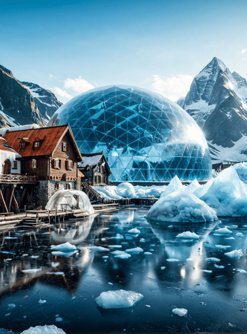 mountains, glacier, igloo, geodesic dome, chapel, lake, ice, wooden houses, sunset, sun