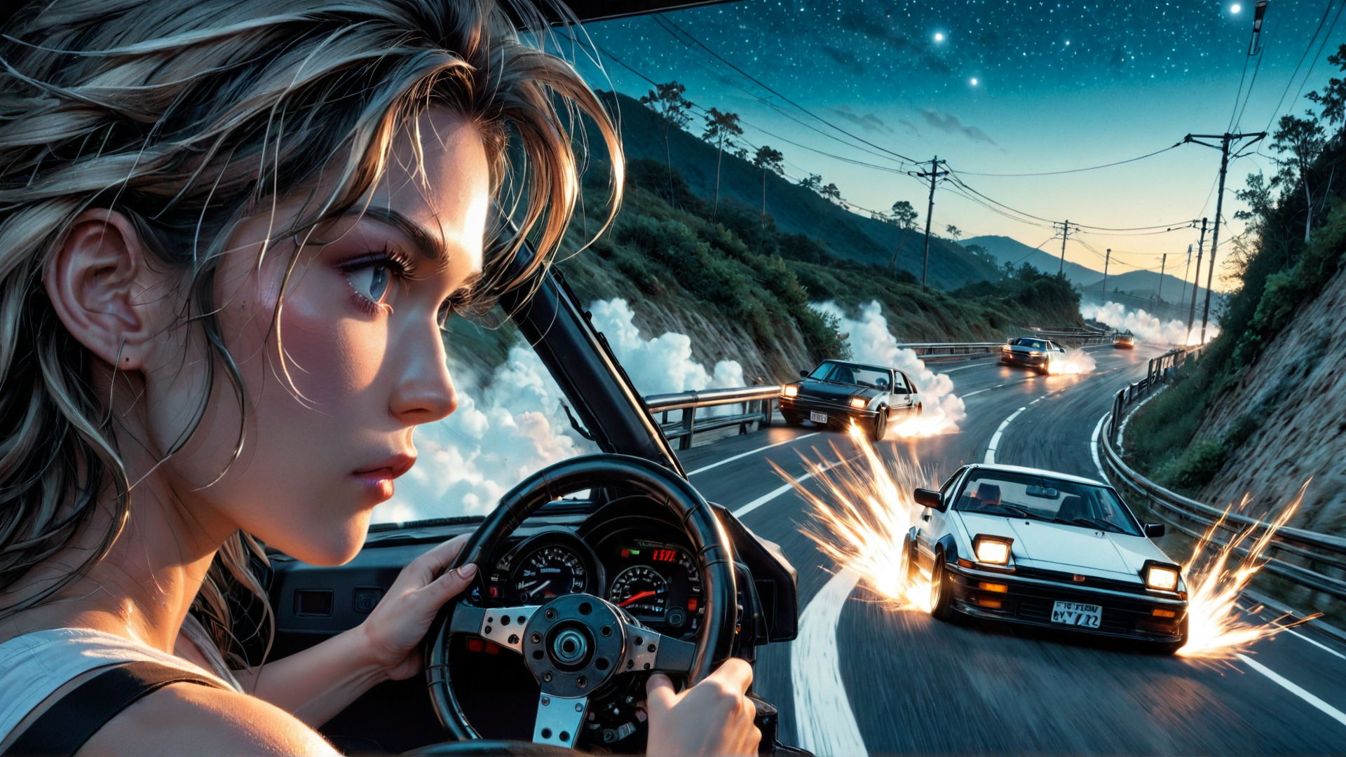 AI generated wallpaper featuring woman, driver, car, road, tire, smoke, mountain, stars, license plate, spark