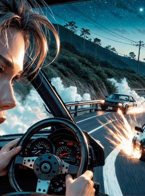 woman, driver, car, road, tire, smoke, mountain, stars, license plate, spark